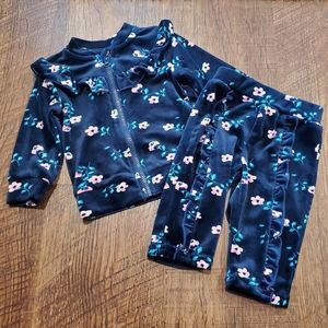 Wonder Nation Velour Sweatsuit Floral Zip Jacket Pants Navy Blue Pink Casaul 3M